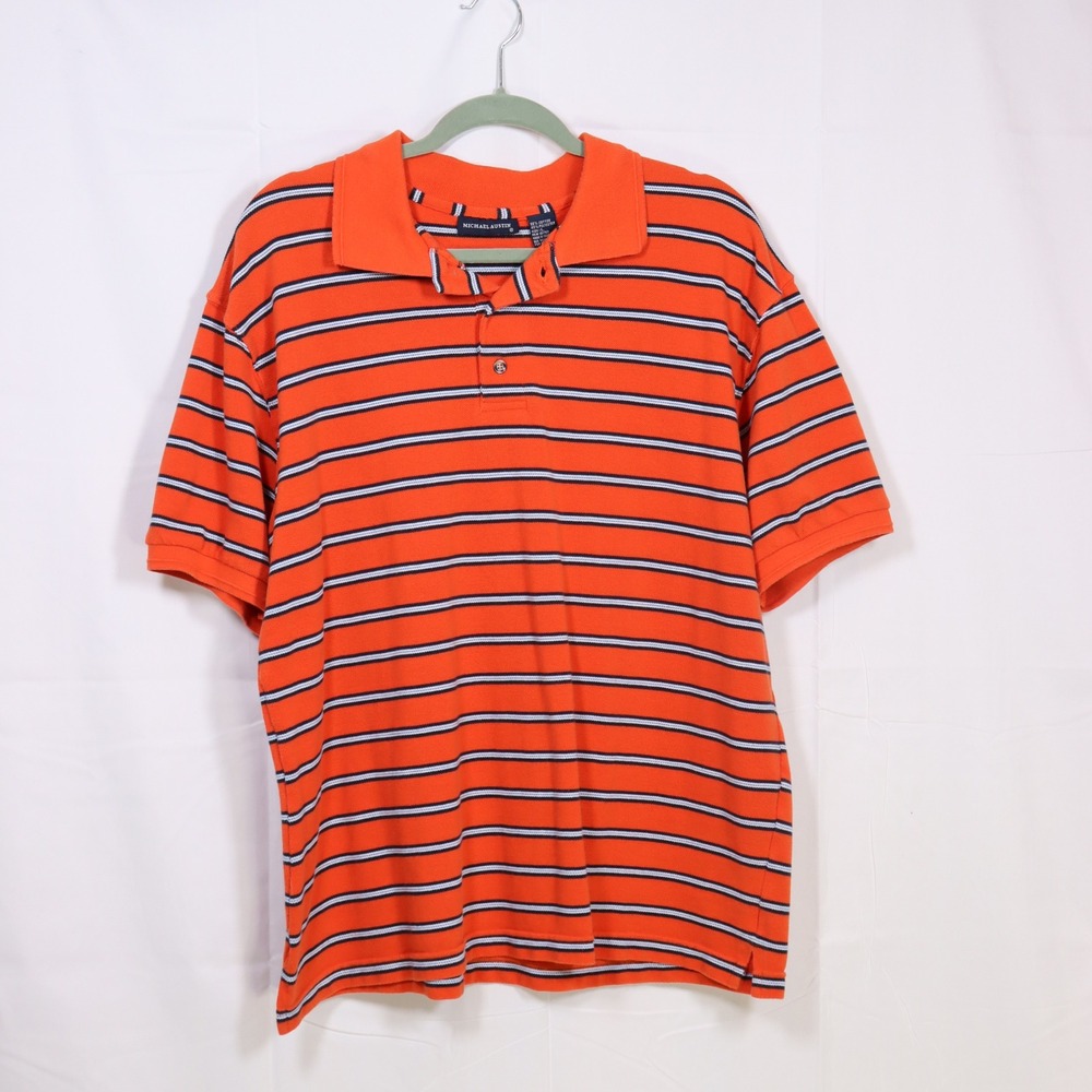 Michael Austin Polo Shirt Mens Large Orange Striped Pique Cotton Blend Casual